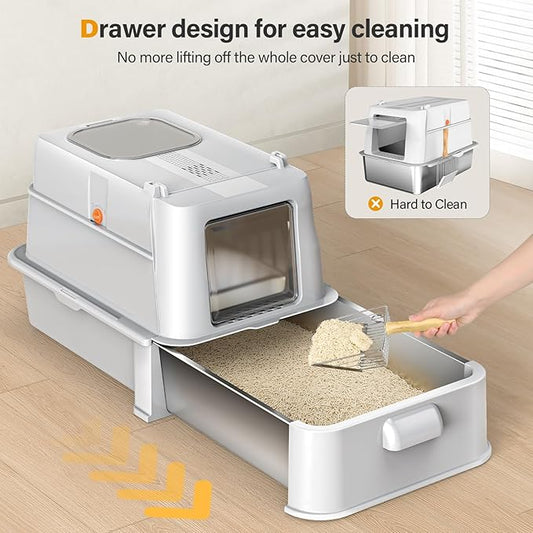Enclosed Stainless Steel Cat Litter Box with Lid,XL Large Metal Cat Box with Drawer for Big Cats,Top Exit Kitty Litter Box Includes Scoop, Filter Pedal,Odor Control, Easy Cleaning