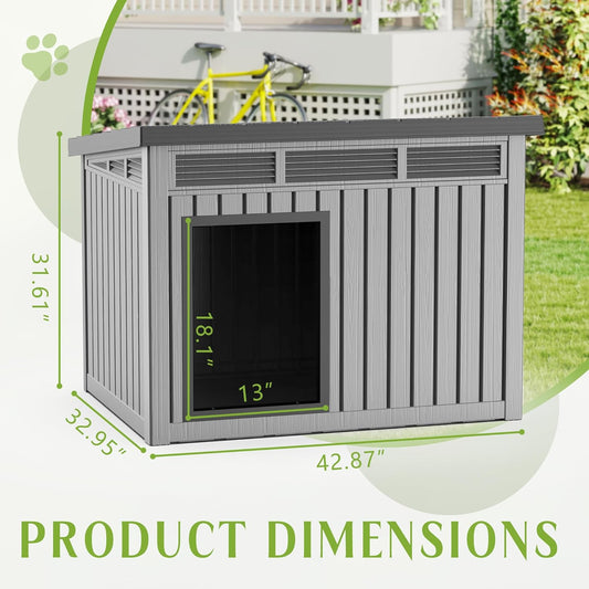 Dog House Indoor Outdoor,Resin Waterproof Puppy Shelter with Air Vents and Elevated Floor,Air Rod on Top to Open,Dog Kennel for Small to Large Dogs(Grey,42.87 * 32.95 * 31.61)