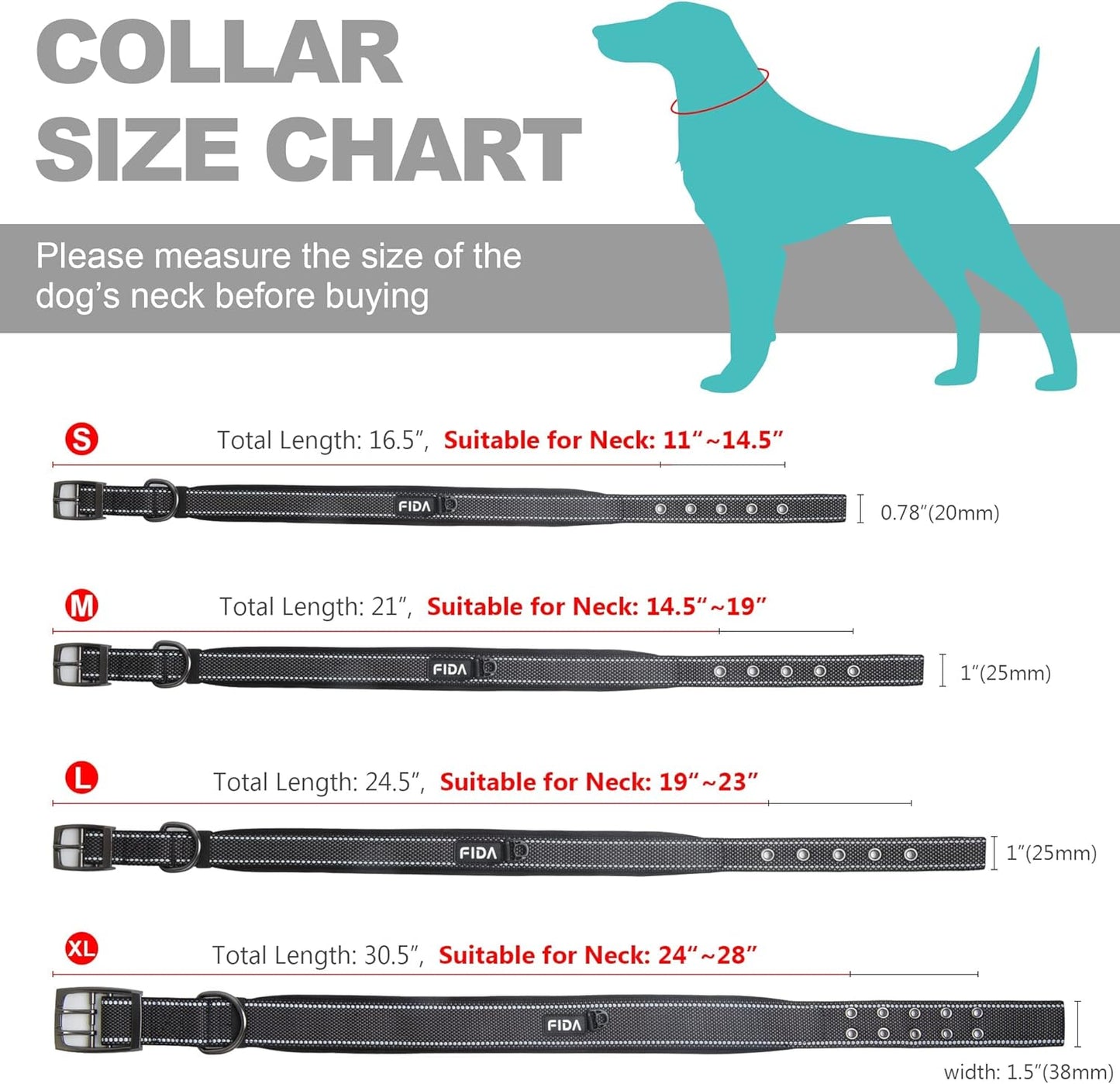 Fida Heavy Duty Dog Collar, Ultra Comfortable Soft Neoprene Padded, Adjustable Reflective Nylon Pet Collar with Durable Metal Belt Buckle for Large Breeds (L, Black)