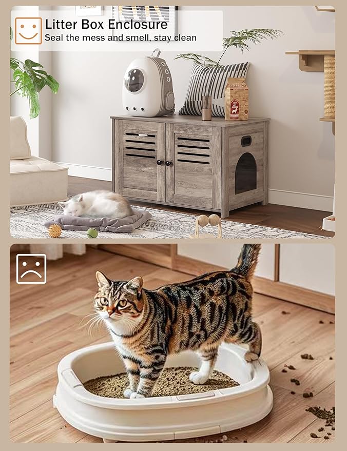 DINZI LVJ Litter Box Enclosure, Cat Litter House with Louvered Doors, Entrance Can Be on Left or Right Side, 31.5" Long Hidden Washroom for Most of Litter Box, Cat Furniture Cabinet, Greige