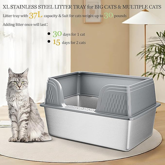 Vealind XL Stainless Steel Cat Litter Box High Sided with Lid 23.7" L x 16" W x 12" H Anti Leakage Extra Large Metal Cat Litter Tray with Scoop and Mat for Big Cats (Grey)