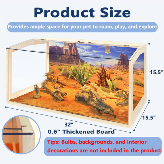 Prolee Reptile Terrarium, Lizard Tank Up to 68 Gallons, Bearded Dragon Tank with Roof Door, Snake Tank with Built-in Lamp Fixture and Switch (28 Gallon, 32" Long, Openable Acrylic Roof)