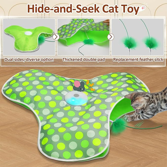 Interactive Cat Toy, Automatic Cat Toys for Indoor Cats, Hide and Seek Cat Toy with Motion Activated, Moving Feather, Chirping, USB Rechargeable