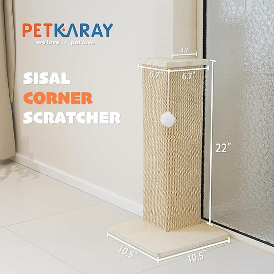 PETKARAY Couch Corner Cat Scratcher, 22'' Corner Scratching Post Cat Wall Scratcher, Sisal Scratch Pad for Sofa, Wall Furniture Protector with Toy Ball