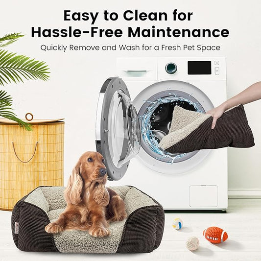 Miguel Washable Cat Beds for Indoor Cats, Easy to Wash Small Pet Sofa with Removable Cushion, Rectangle Bolster Kitten Bed with Anti-Slip Bottom, Brown 18 Inch