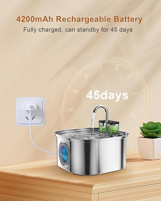 Stainless Steel Cat Water Fountain,108 oz/3.2 L Automatic Wireless Pet Water Fountain,Battery Operated Wireless Cat Fountain