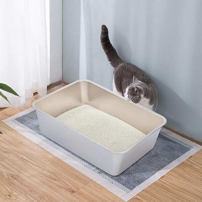 Stainless Steel Litter Box,XXL Metal Cat Litter Box for Big Cats 8IN Deep, Cat LitterBox High Sided Pet Toilet Easy to Clean,Cats Litter Pan for Adult Cats,Non Stick, No Smell