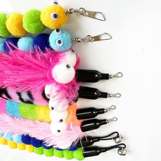 Cat Wand Replacement Worm Cat Toys, 8 Pieces Cat Wand Attachments Assorted Worms Feather Refill Toy for Indoor Cats