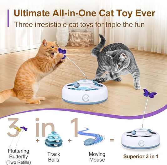 Cat Toys 3 in1 Automatic Interactive Kitten Toy, Moving Ambush Mouse, Fluttering Butterfly, Track Balls, USB Powered, Indoor Exercise Kicker, Mouse Catching Game (Bright White)