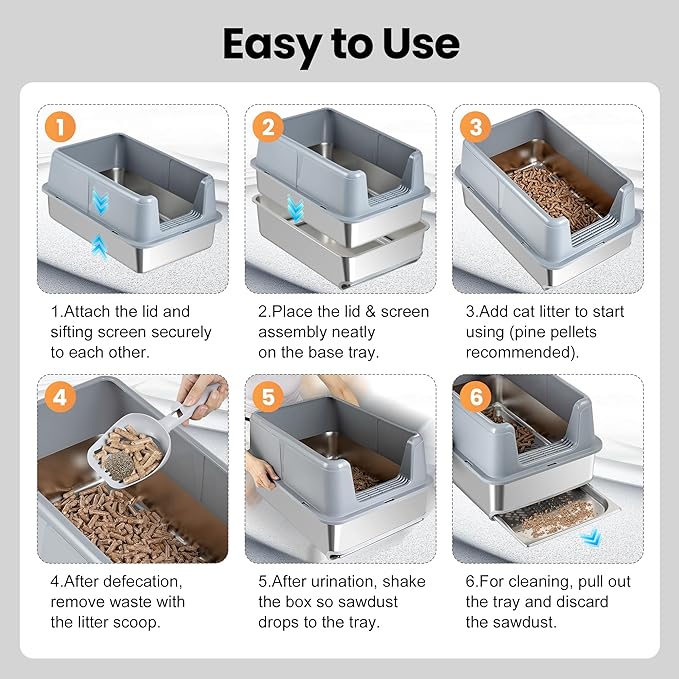 23.6''x15.6''x12'' Stainless Steel Sifting Litter Box with Sifter, Pine Pellet Litter Box with Lid for Big Cats, Built-in Sifter, No Waste Bag Needed, Easy to Clean & Durable (Grey)