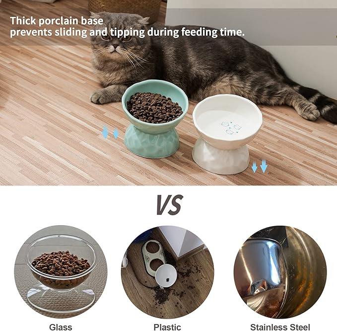 OMAYKEY Ceramic Raised Cat Bowls, Tilted Elevated Cat Food and Water Bowl Set, Porcelain Stress Free Pet Feeder Dish for Cats and Small Dogs, Dishwasher and Microwave Safe, White & Green, Set of 2