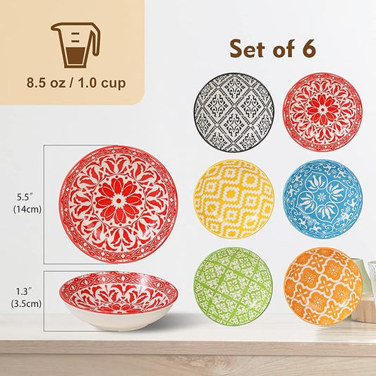 Ceramic Cat Dishes for Food - Colorful Cute Cat Bowl Set of 6 - Wide, Shallow, Whisker Friendly - Microwave and Dishwasher Safe - 8.5 oz - 5.75 inch