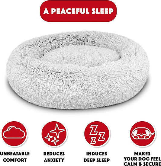 The Dog’s Bed Sound Sleep Donut Dog Bed, Medium Ice White Fur Calming Nest Bed, Veterinary Approved