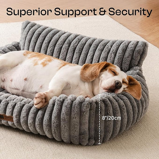 MEWOOFUN Dog Couch Bed, Fluffy Small Dog Bed with Removable Washable Cover, Supportive Cat Couch for Cats & Dogs up to 25 lbs (Grey, 30x21x12)