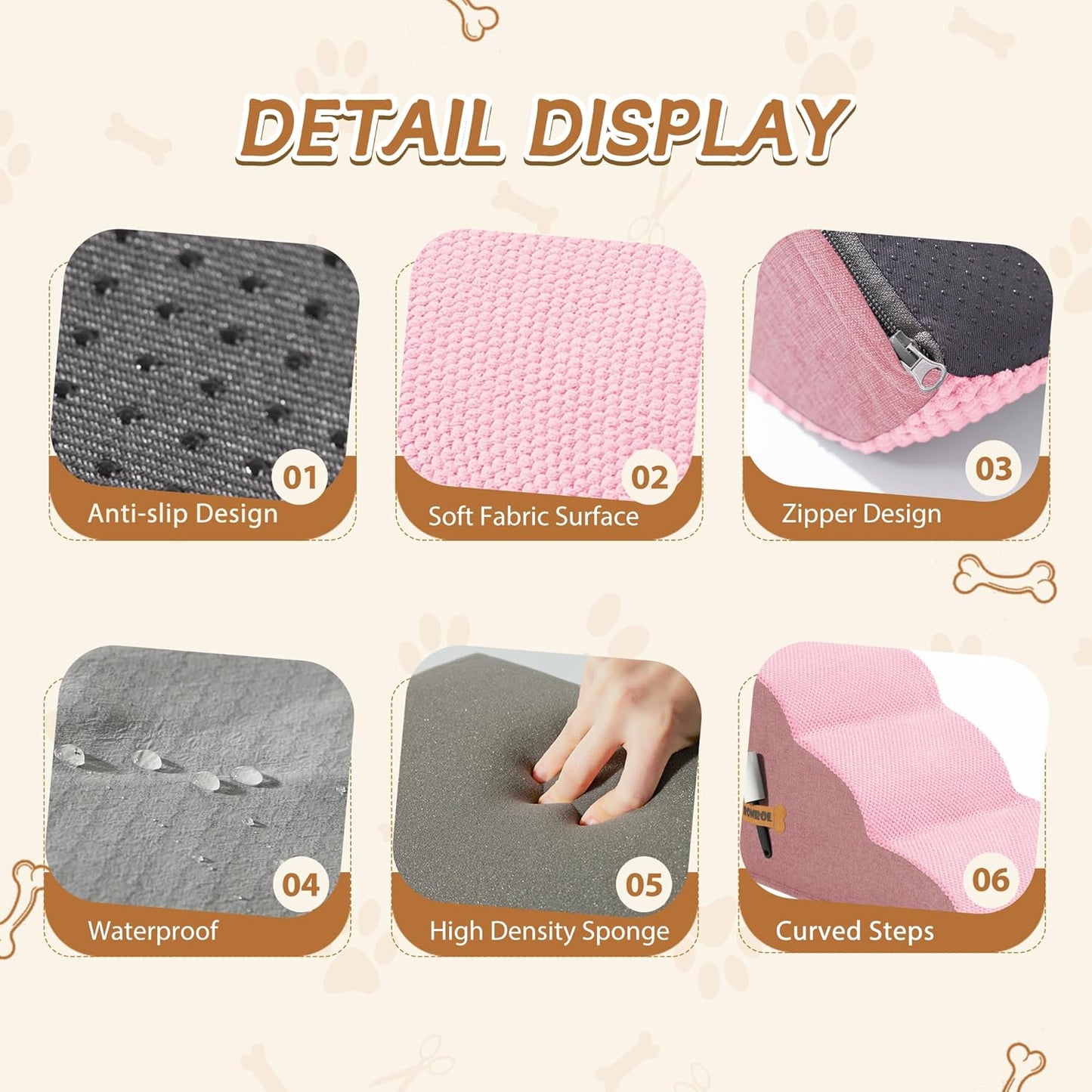 Romrol Dog Stairs Ramp for High Beds Couches, High Density Foam Pet Steps with Durable Non-Slip Waterproof Fabric Cover, Dog Stairs for Small Dogs or Cats or Pets, 3-Step,15 Inch,Pink