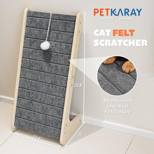 PETKARAY Felt Cat Scratcher, L Shaped Scratching Pad, Scratch Resistant Carpet Scratcher Ramp, Slot-Free Scratch Board with Toy Ball, Dark Grey