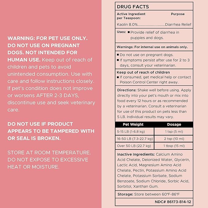 Chew + Heal Labs Anti Diarrhea for Dogs 2oz - Fast Relief Liquid Dog Diarrhea Supplement with Kaolin Pectin Formula - Effective Diarrhea Treatment and Dog Health Upset Stomach Supplement