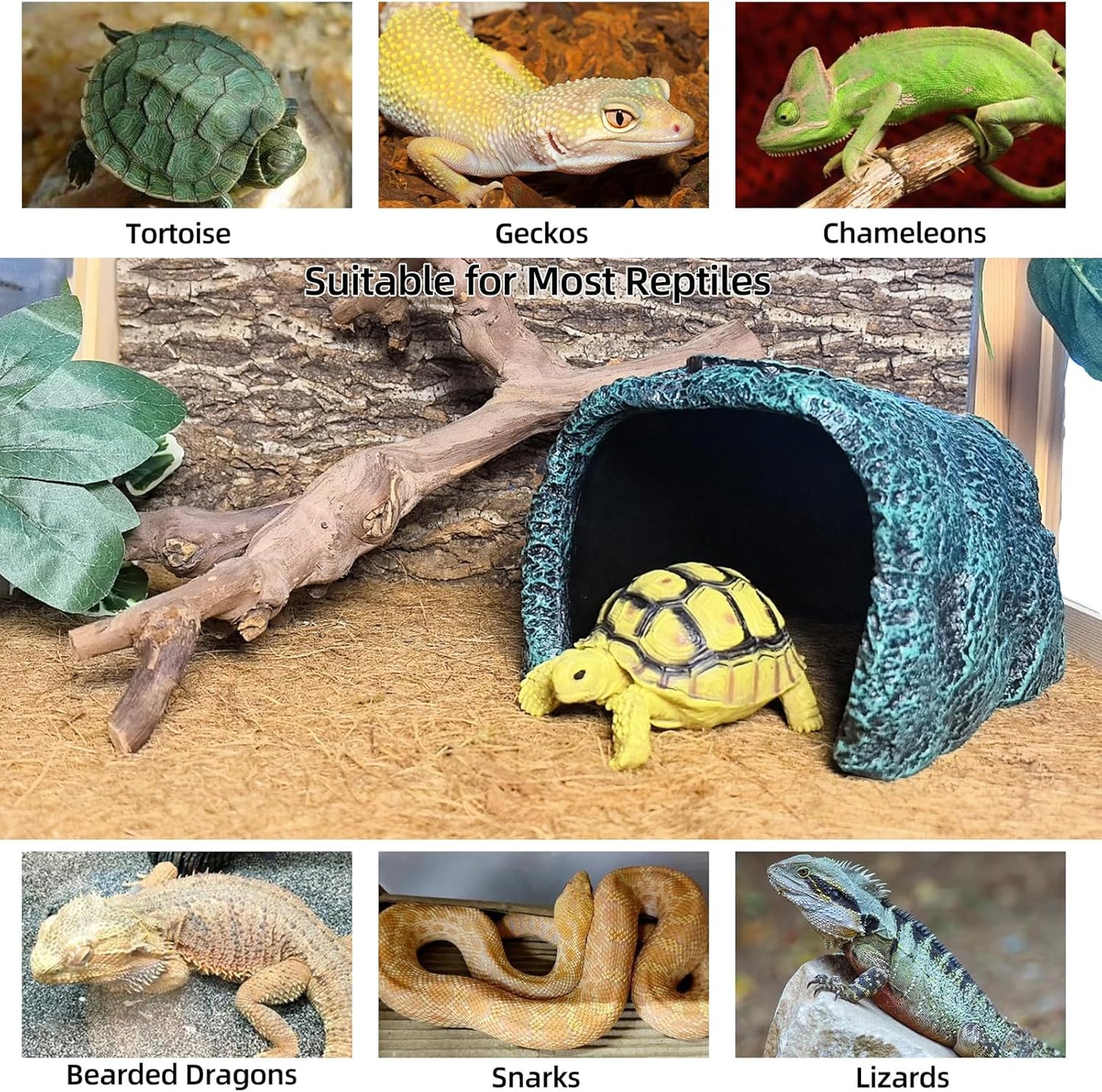 BNOSDM Large Reptile Hideout, Tortoise Hide, Bearded Dragon Hideout Cave Shelter, Resin Turtle Basking Platform, Reptiles Habitat Decor Tank Accessories for Lizards Geckos Snakes Chameleons Frogs
