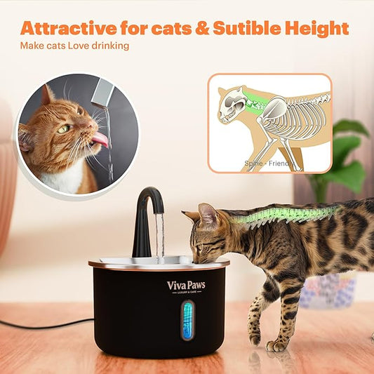 Cat Water Fountain Stainless Steel, Viva Paws 2.2L Automatic Drinking Fountain for Cats, Ultra Quiet Pet Fountain with 4 Stage Filtration System, Easy to Clean Indoor Cat Supplies