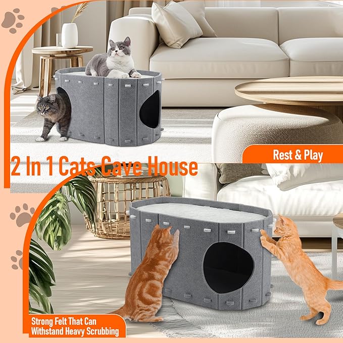Cat House for Indoor Cats, Double Layer Cat Bed Cave, Large Space Cat Enclosed Bed for Home, Easy Assembly (Grey, Large)