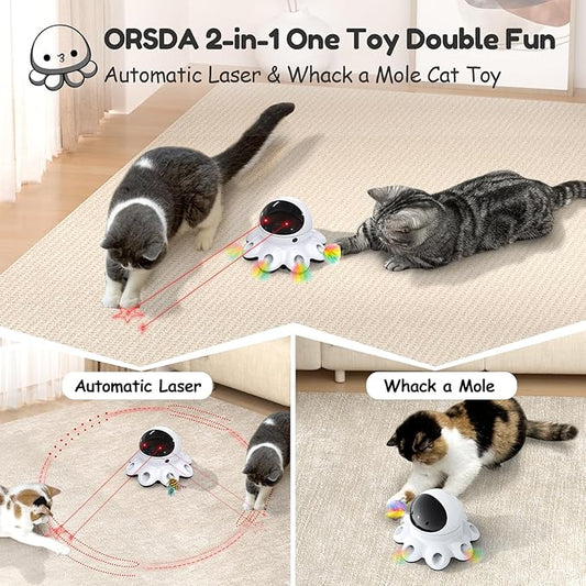 ORSDA Cat Laser Toy, 2-in-1 Interactive Automatic Motion Activated Moving 8 Holes Whack A Mole Feather, USB Rechargeable Electronic Smart Sensor Kitten Toys for Indoor Exercise
