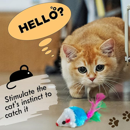 20 PCS Furry Cat Toys Squeak Mouse Rattle Mice Cat Catcher Pet Toys with Feather Tails (Random Color)