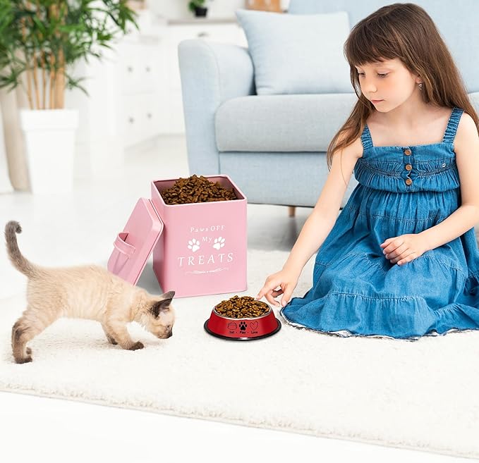 Meraki Home Cat Food Container and Treat Container - Tight Lids - Feed Scoop and Pet Food Bowl - Farmhouse Metal Storage Bin - Great Gift for Small Pets - Matte Pink
