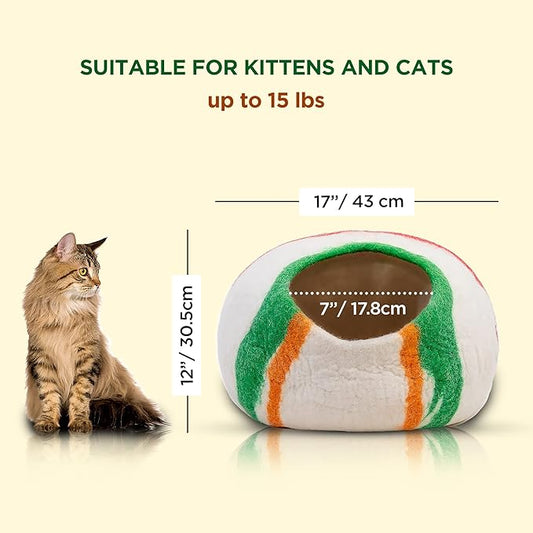Woolygon Premium Felt Cat Cave Bed – Wool Kitty Beds Handcrafted Kitten Caves Bed for Indoor Cats - Made from 100% Eco-Friendly Merino Wool, Foldable Cat Hidewawy Covered Cat House Pod (Candy Swirl)