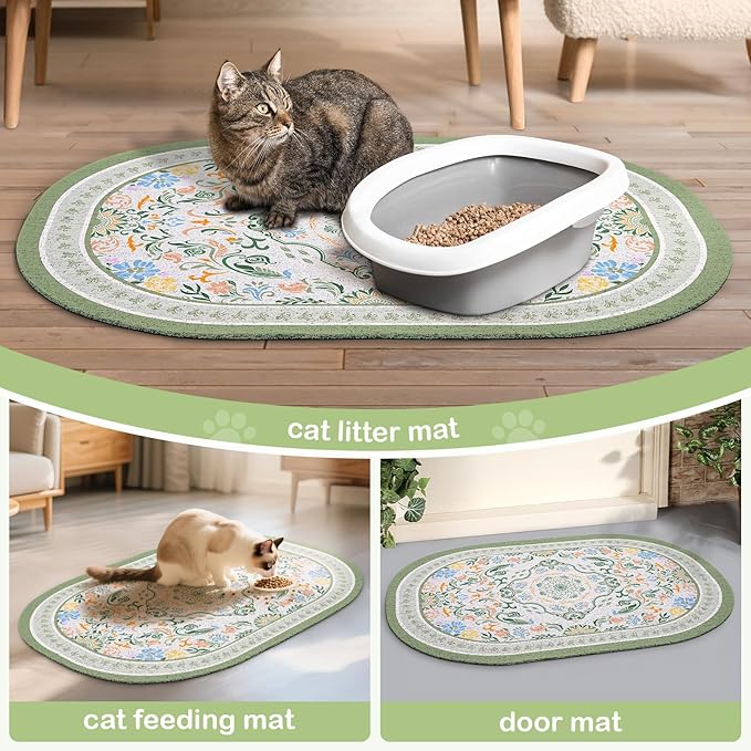 Bienbee Cat Litter Mat, 33" x 22" Large Size Litter Box Mat Rug with Non-Slip Bottom, Easy to Clean Cat Supplies Essentials for Indoor Kitty Kitten Floor,Bean-Green L