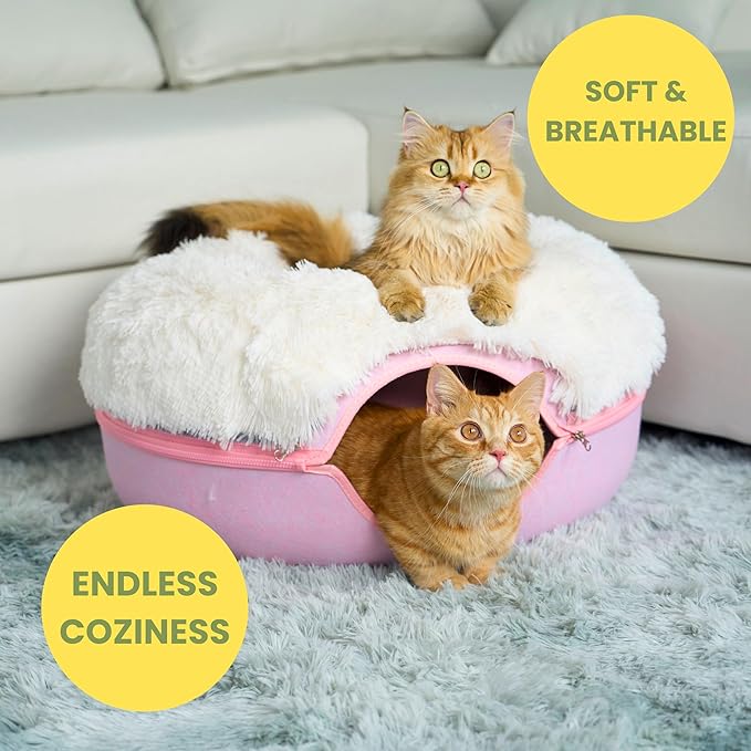 CATTASAURUS Peekaboo Cat Cave for Multiple & Large Cats Up to 30-45 Lbs, Fluffy Cat Beds for Indoor Cats, Scratch Detachable & Washable Tunnel Bed, Comfy Donut Cat Cave (Pink, Large (Calming))