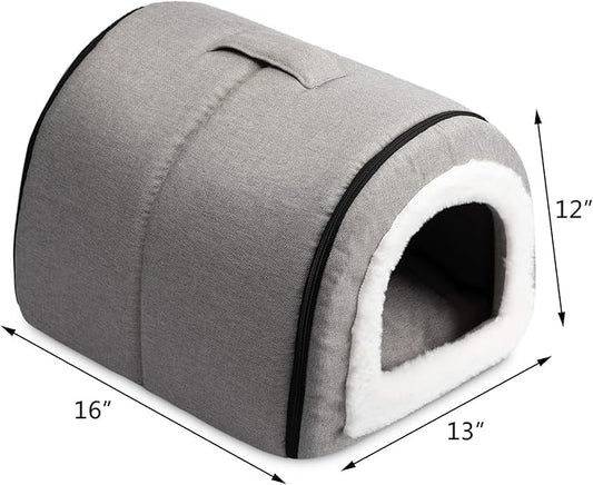 Hollypet Linen Cat Bed, Self-Warming 2 in 1 Foldable Cave House Animal Shape Nest Pet Sleeping Bed, Gray