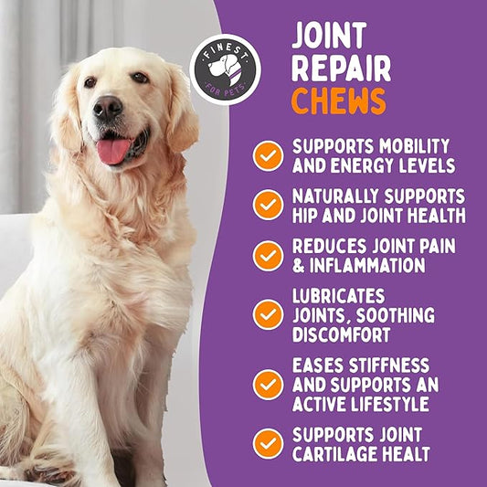 Joint Repair Hip and Joint Chews for Dogs - Finest for Pets Glucosamine, Chondroitin, MSM, Omega 3 & Turmeric for Dog Joint Support, Mobility & Pain Relief - (120 Chicken Flavored Chews, Made in USA)