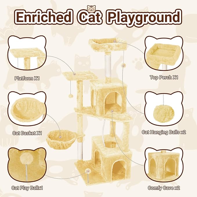 Cat Tree, 54-Inch Cat Tower for Indoor Cats,Plush Multi-Level Cat Condo with Scratching Posts, Basket, Perches,2 Caves,2 Pompoms(Beige)