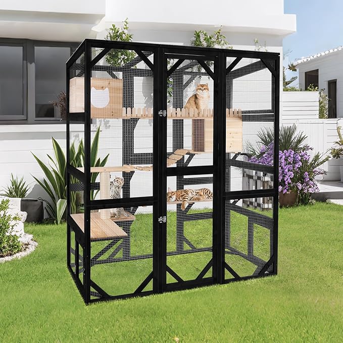 Catio Enclosure Outdoor Wooden Cat House for Multiple Cats Walk in Cage Window Access with Sunlight Friendly Weather-Proof PVC Roof