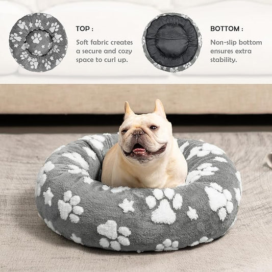 Donut Dog Beds for Small Dogs, Calming Round Cat Beds for Indoor Cats, Cute 3D Textured Paw Pet Bed with Removable Washable Cover and Anti-Slip Bottom(Grey,23")