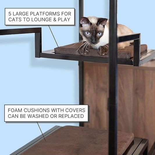 Refined Feline Metropolitan Cat Condo - 62 Inch Tall Modern Cat Tower, Black Metal Frame, Multi-Level, White Platforms & Scratching Post