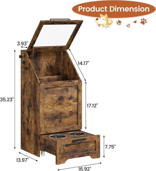 Dog Feeding Station with Storage - Large Capacity Dog Food Storage Cabinet with 2 Removable Stainless Steel Bowls, Flip Top Pet Food Container Toy Storage Organizer - Brown