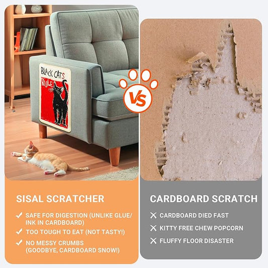 SOLDAY Sisal Cat Scratcher Mat for Floor Wall Carpet Couch Furniture, 22x13 inch Anti Scratch Furniture Protector, Cat Scratching Posts Board with Velcro Tape(Black Cat Rules)