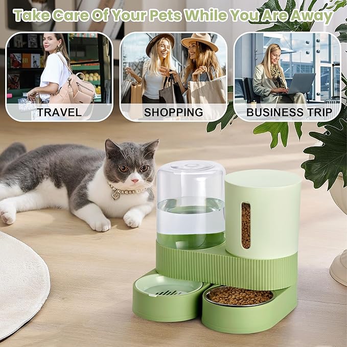 Automatic Dog Cat Water Dispenser Gravity Feeder and Water Dispenser Stainless Steel 2-in-1 Set Large Capacity Dispenser for Pets Dogs, Puppies, Kittens(Green)