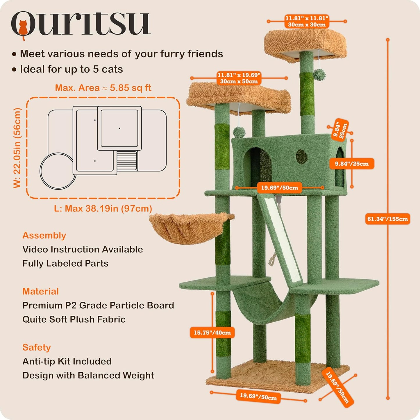 Ouritsu Cat Tree, 61 inch Tall Cat Tower for Large Cat Indoor, Enlarged Condo, 2 Padded Perches with 1 Widened, Large Hammock, Scratching Post and ramp, Fluffy Basket, Green, LF002GB