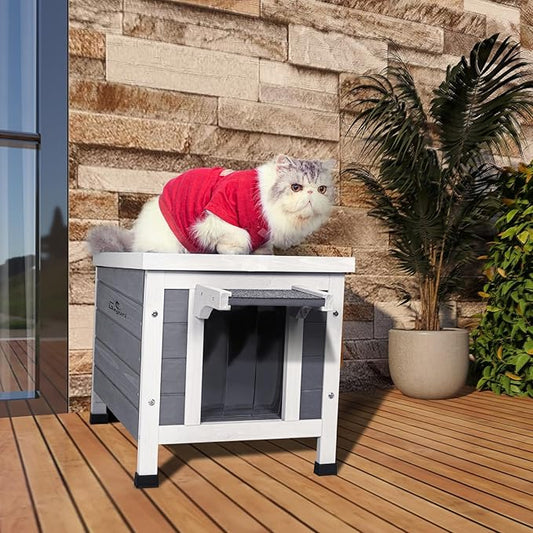 GEGURI Outdoor Cat House, Weatherproof Shelter for Ferrel Cats, Dogs, Rabbits Hutch with Elevated Floor, Asphalt Roof