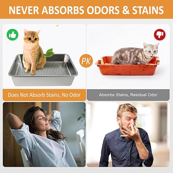 Extra Large Stainless Steel Litter Box - Two Pan Set, Open-Top Design Litter Box for Cats - Odor-Resistant Sifting Cat Litter - Non-Sticky and Easy to Clean - Stainless Steel Litter for Cats