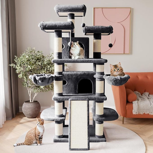 SHA CERLIN 68 Inches Multi-Level Large Cat Tree for Large Kitties/Big Cat Tower with Condo/Cozy Plush Pussycat Perches/Sisal Scratching Posts and Hammocks/Activity Center/Dark Grey