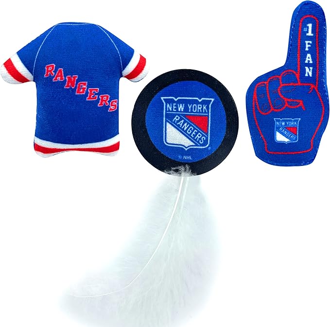 Best Plush CAT Toy: NHL New York Rangers Complete Set of 3 Piece Cat Toys Filled with Fresh Catnip. Incl: 1 Jersey Cat Toy, 1 Hockey Puck Cat Toy with Feathers & 1#1 Fan Cat Toy. All with Team Logos