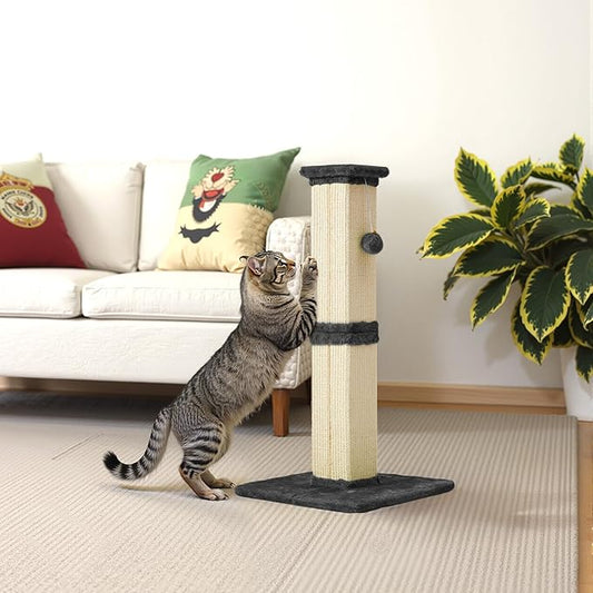 Cat Scratching Post with Hanging Toy Ball, 32-Inch Tall Sisal Cat Scratcher for Indoor Cats, Grey
