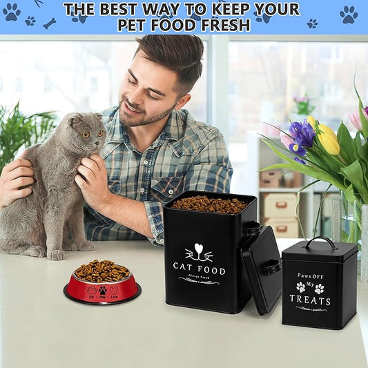 Meraki Home Farmhouse Cat Food and Treats Containers + Feed Scoop + Pet Food Bowl - Tight Lids - Large Metal Storage Bin - Great Gift for Cute Pets (Matte Black)