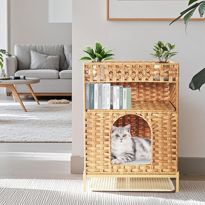Cat Litter Box Enclosure Furniture - Handwoven Rattan Hidden Litter Box Enclosure with Mat, 24.6 x 18.1 x 14.1 Inches Hidden Cat House for Living Room, Bedroom Natural