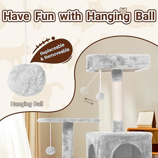 Cat Tree, 54-Inch Cat Tower for Indoor Cats,Plush Multi-Level Cat Condo with Scratching Posts, Basket, Perches,2 Caves,2 Pompoms(Light Gray)