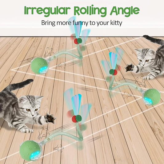 Interactive Cat Toys Ball for Indoor Cats, Automatic Moving Ball Toy with Elastic Mesh Tail, Chirping & Obstacle Avoidance and Motion Activated, Green【Rechargeable】