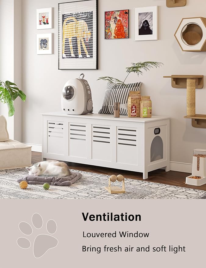 DINZI LVJ Litter Box Enclosure Furniture for 2 Cats, Top Opening Hidden Litter Box with Double Rooms, Dual Cat House with Good Ventilation, 47.2" Wooden Cat Washroom, White